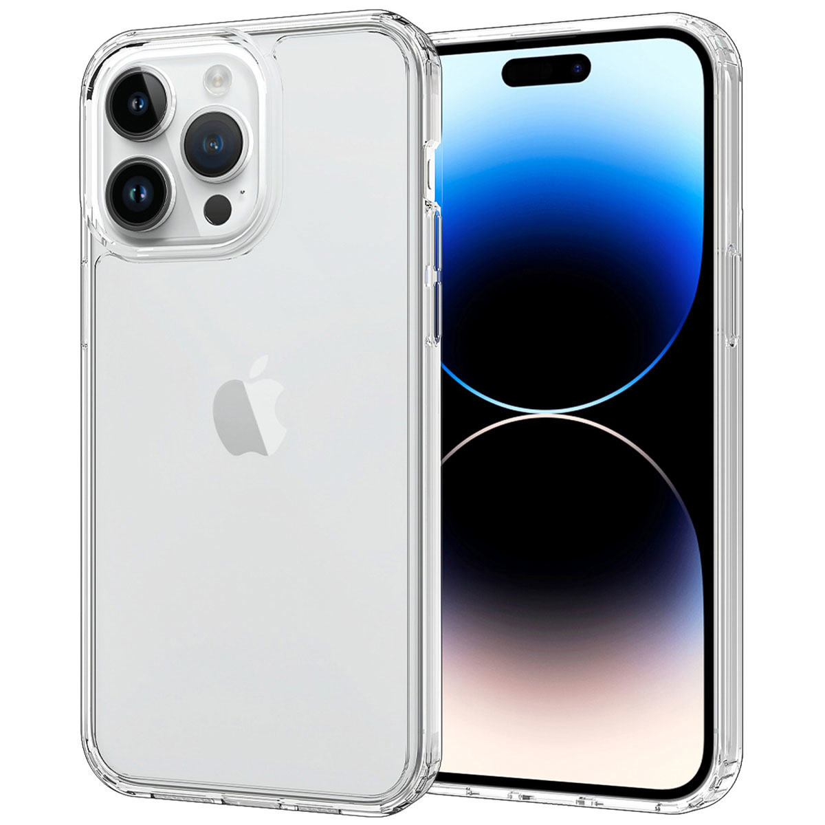 Een iPhone met een doorzichtige hoes. De telefoon heeft een scherm en een drievoudige cameralens. De achtergrond is wit.