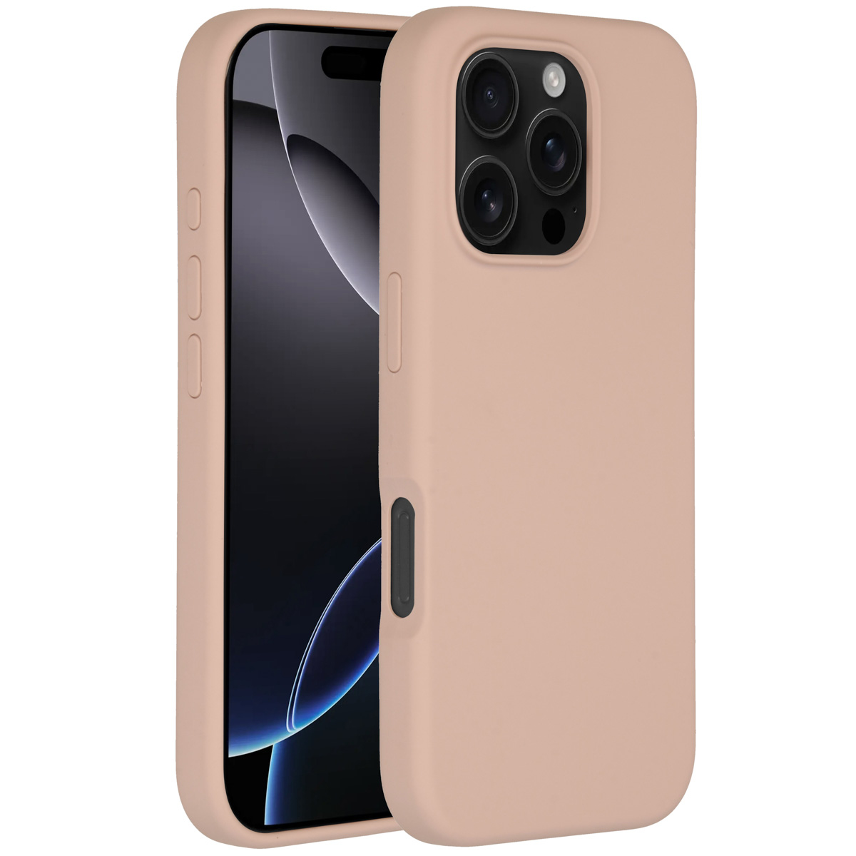 Un smartphone dans une coque rose clair. L'écran est noir. La coque est à droite, affichant des caméras.
