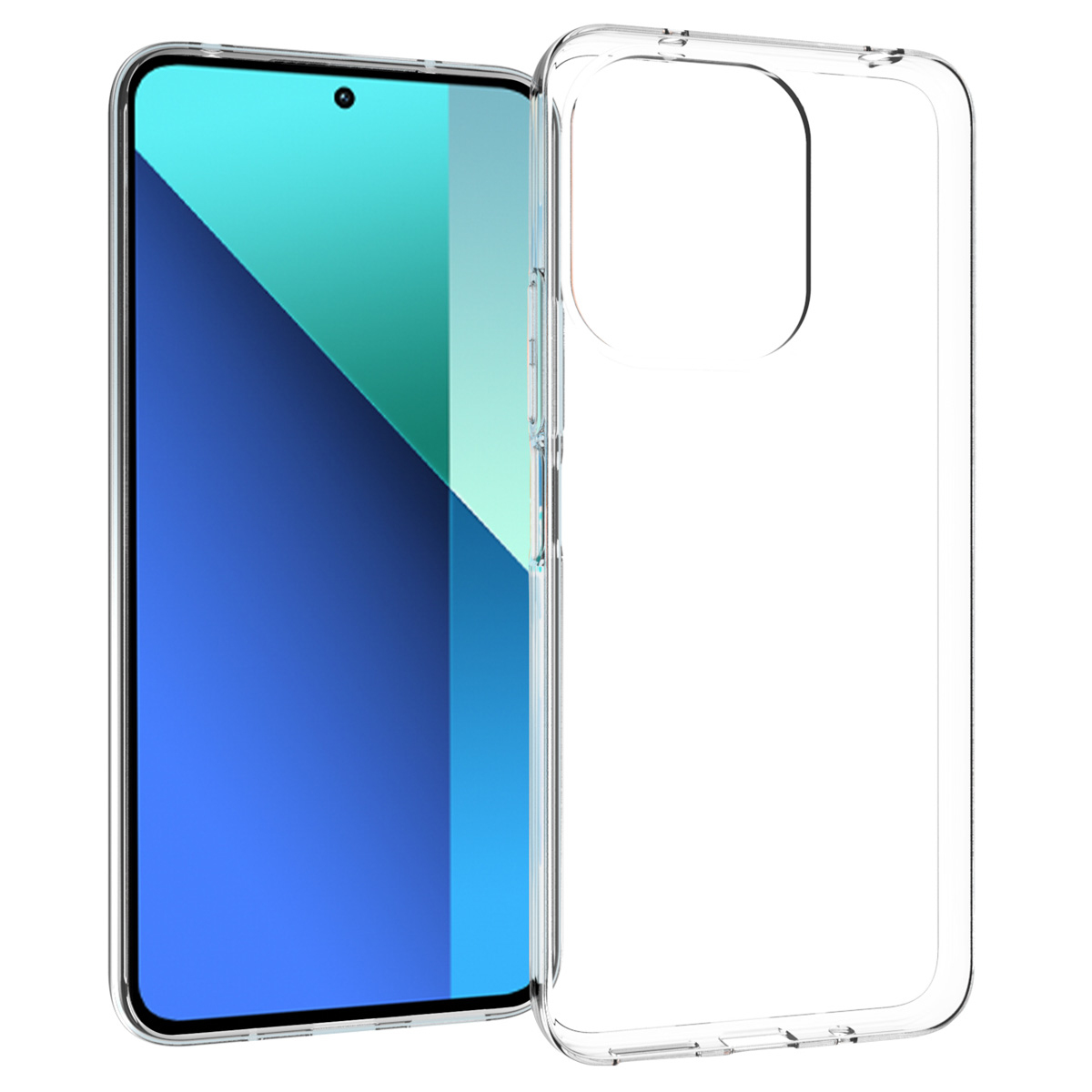 Een smartphone met een blauw en blauwgroen scherm staat naast een transparante telefoonhoes.