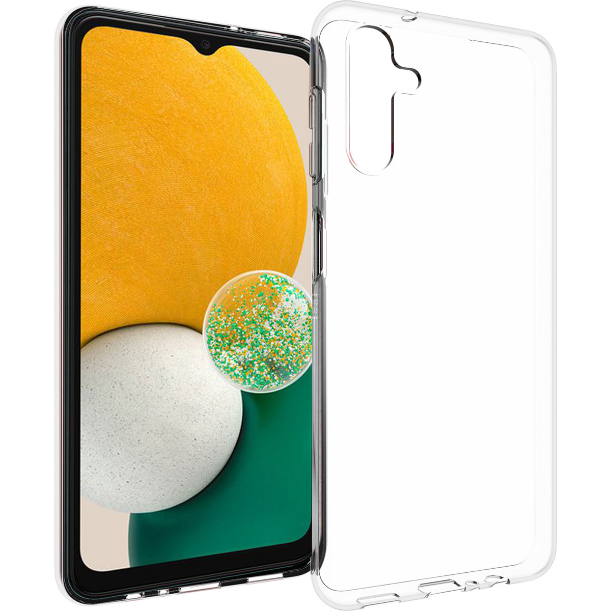 Smartphone in een doorzichtige beschermhoes. Het scherm toont een geel en groen abstract ontwerp. Rechts een doorzichtige hoes.