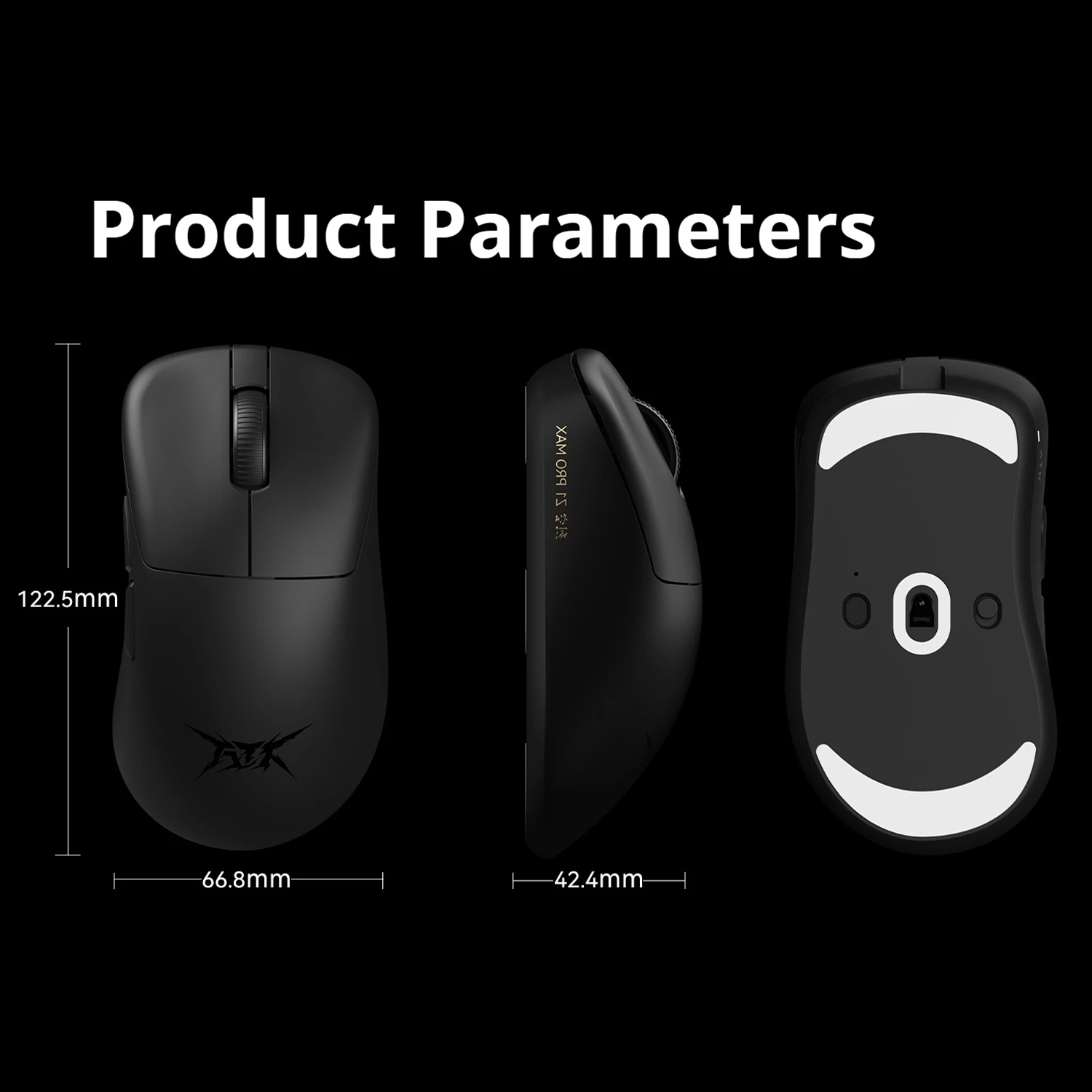 Black gaming mouse shown from top, side, and bottom. Dimensions are displayed. Text says: Product Parameters.