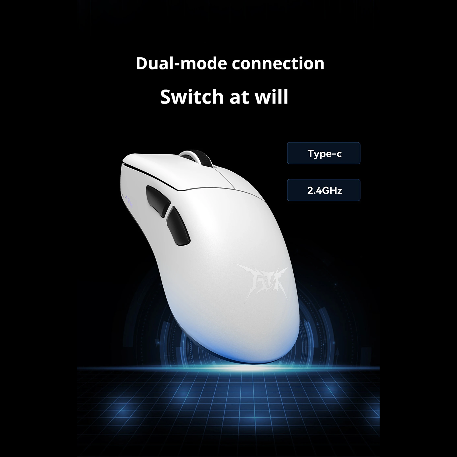 A white wireless mouse on a dark background. Text reads 'Dual-mode connection' and 'Switch at will'. It features Type-c and 2.4GHz.