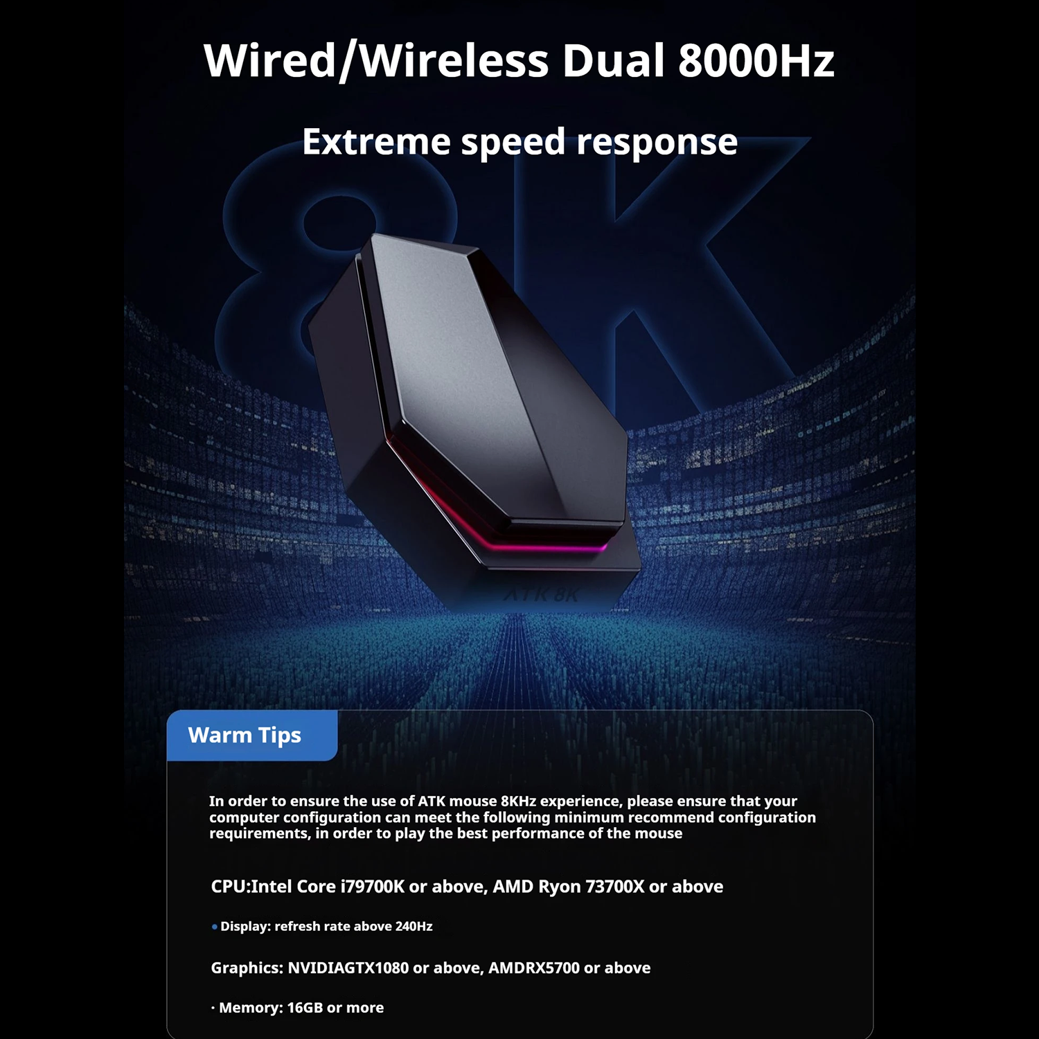 A black mouse with red accents is featured. Text highlights 'Wired/Wireless Dual 8000Hz' and 'Extreme speed response'.