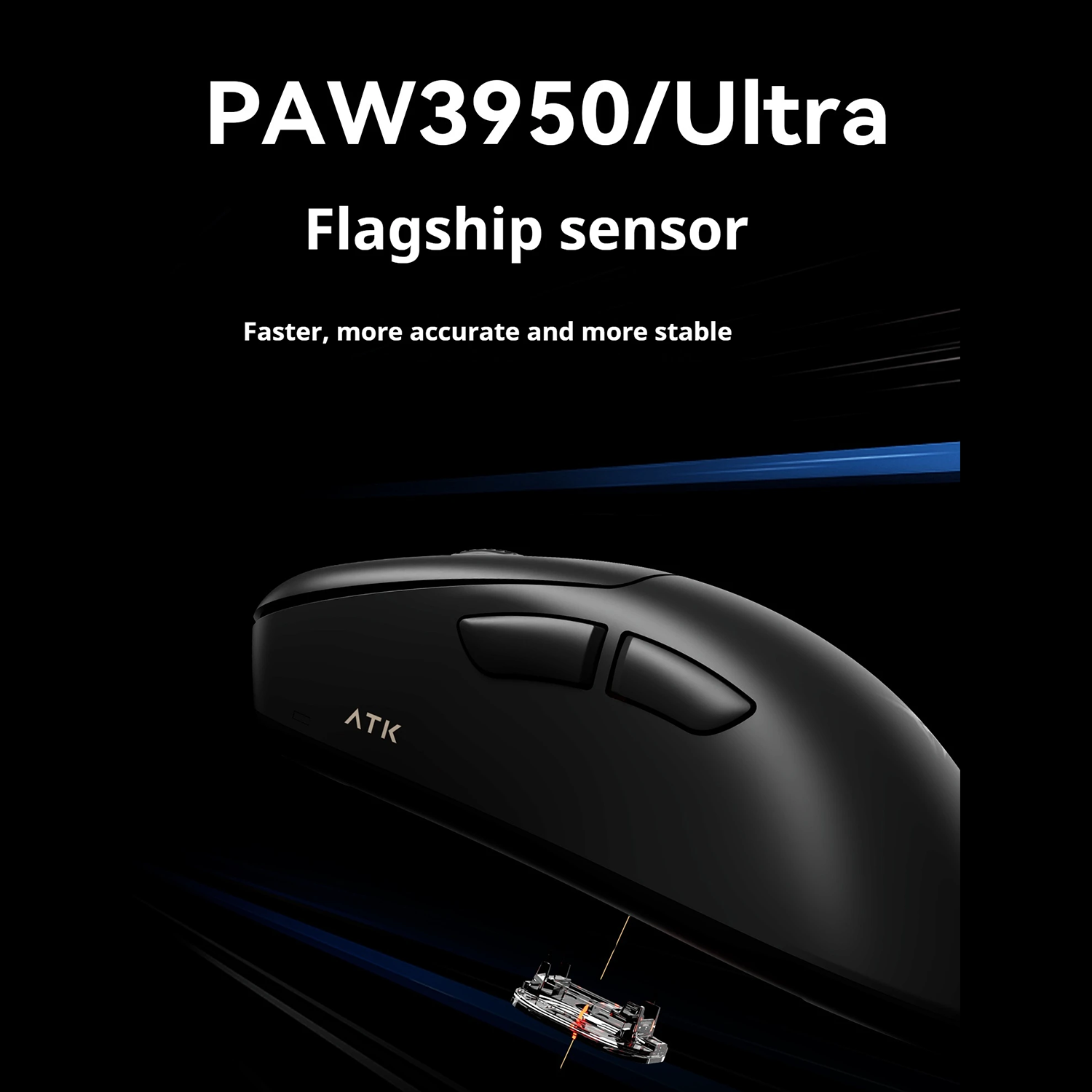 Black computer mouse with two buttons, angled shot, on a black background, with white text at the top.