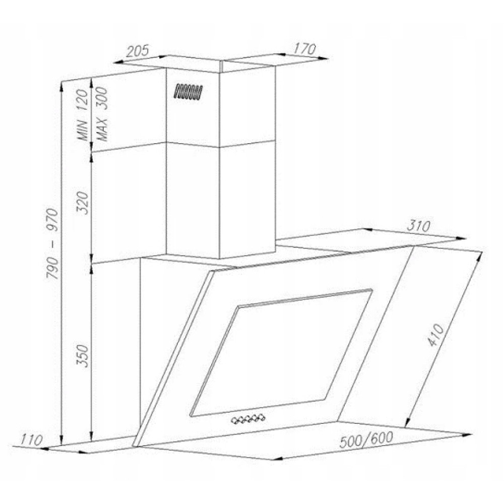 Biały okap z wymiarami. Pokazuje prostokątny design z wymiarami w milimetrach.
