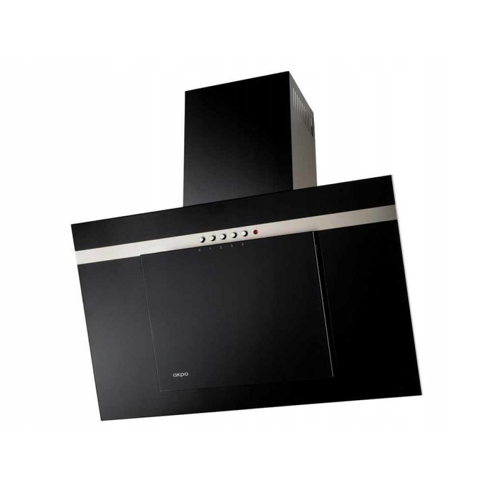 Czarny okap z srebrnymi akcentami. Posiada przyciski i logo na białym tle.