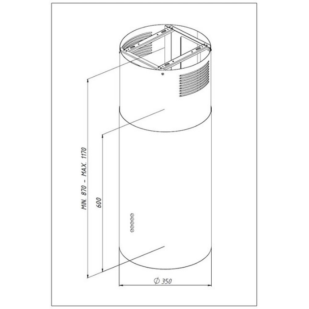 Schemat okrągłego okapu kuchennego. Pokazuje wymiary: średnica 350, wysokość min. 870mm - max. 1170mm. Szczegóły widoczne.