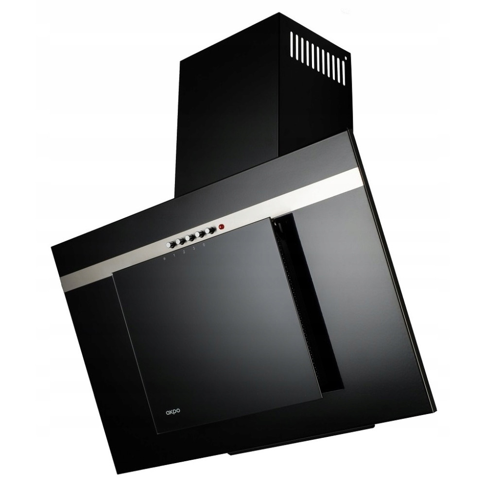 Nowoczesny czarny okap kuchenny ze srebrnymi akcentami. Posiada przyciski sterowania, szklany front i konstrukcję przypominającą komin.