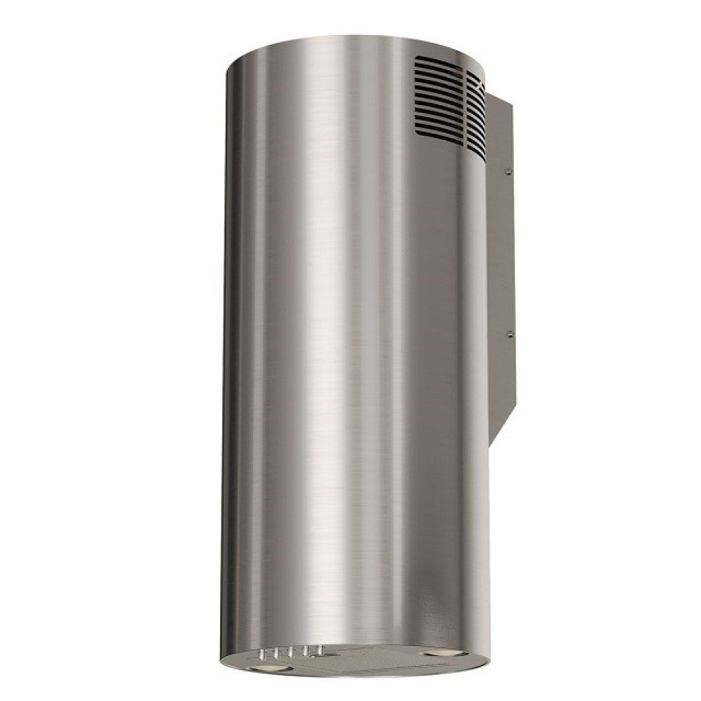 Okap ze stali nierdzewnej, cylindryczny z prostokątnym otworem wentylacyjnym u góry, zamontowany na ścianie, na białym tle.