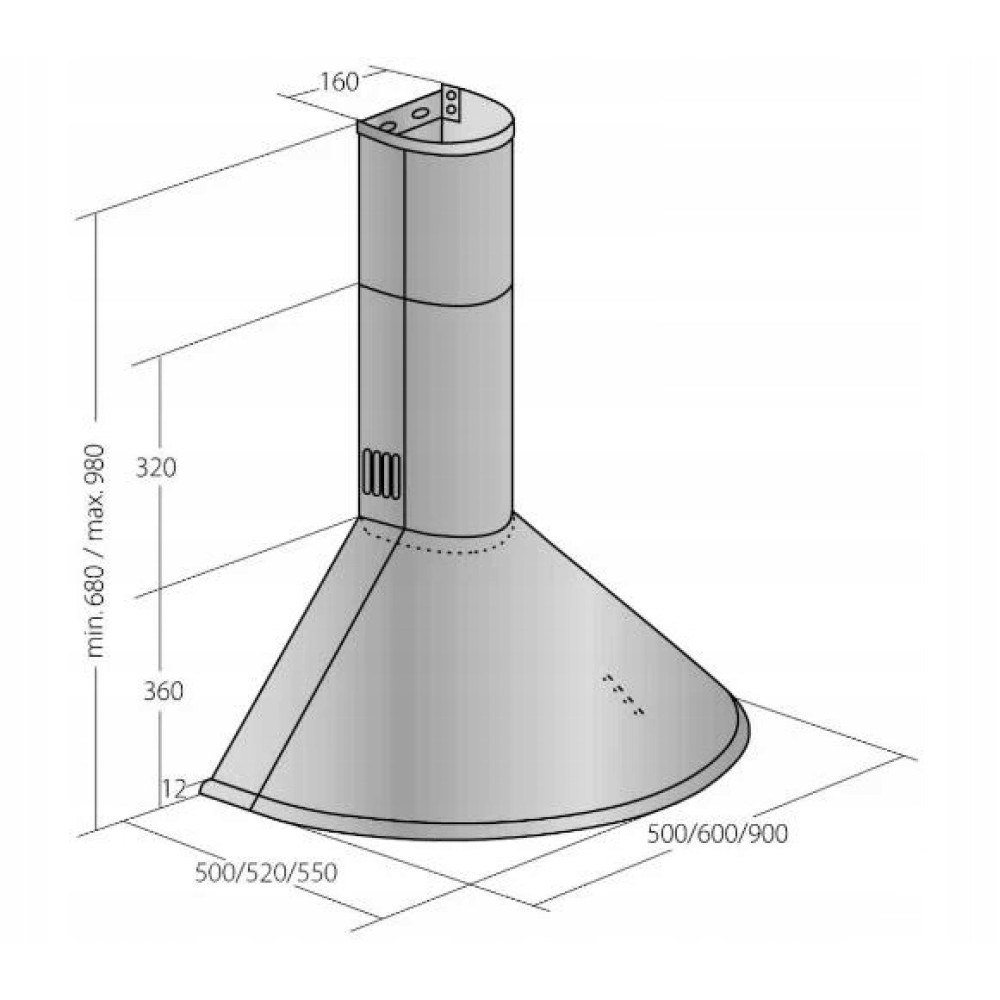Metalowy okap kuchenny, o kształcie stożkowym, z oznaczonymi wymiarami. Pokazuje schemat rozmiaru i kształtu okapu.