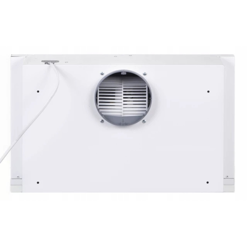 Biały okap, widok od dołu. Ma okrągły otwór wentylacyjny i kabel zasilający. Cztery śruby mocują osłonę wentylacyjną.