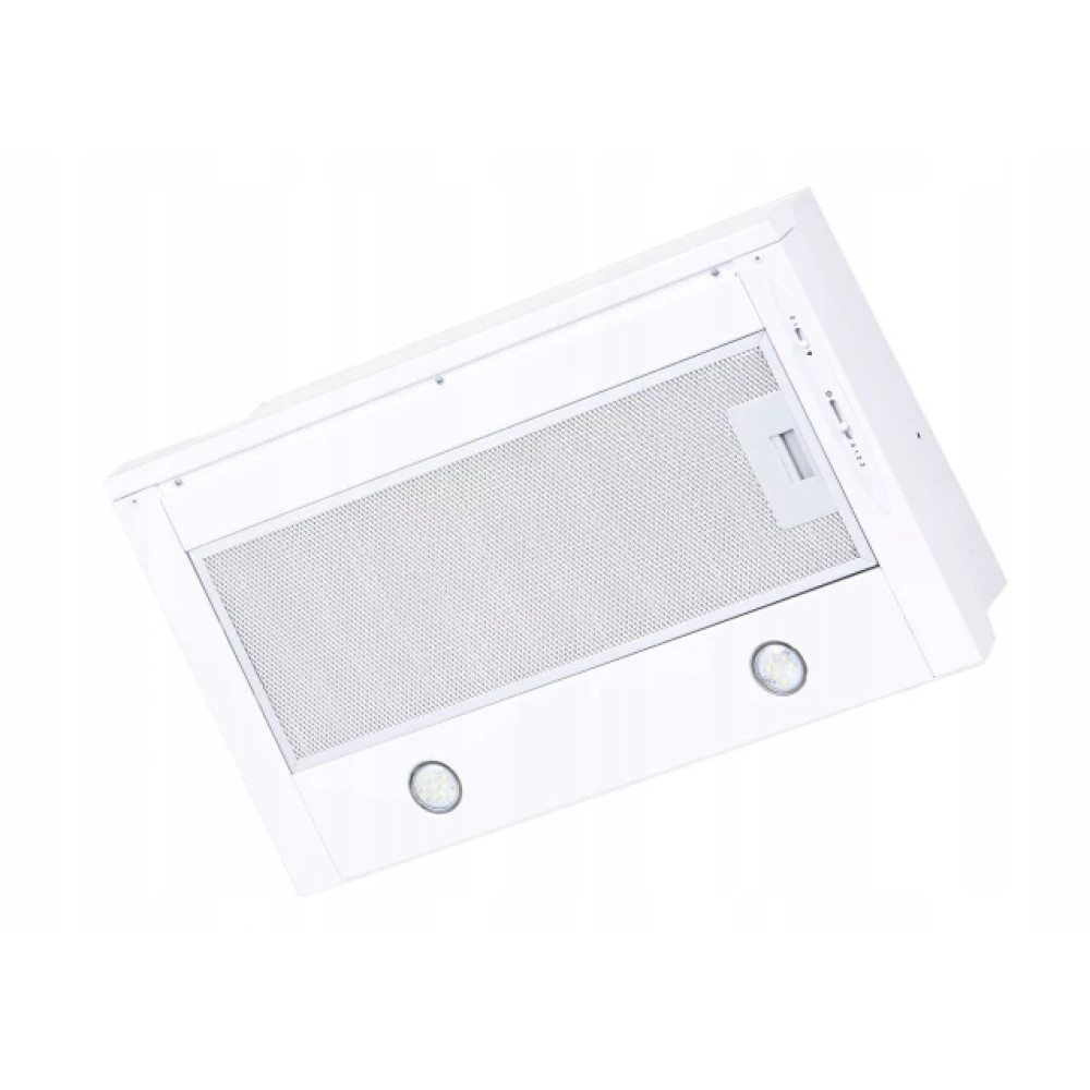 Biały okap, pod kątem. Ma metalową siatkę i dwa światła. Elementy sterujące są po prawej stronie.