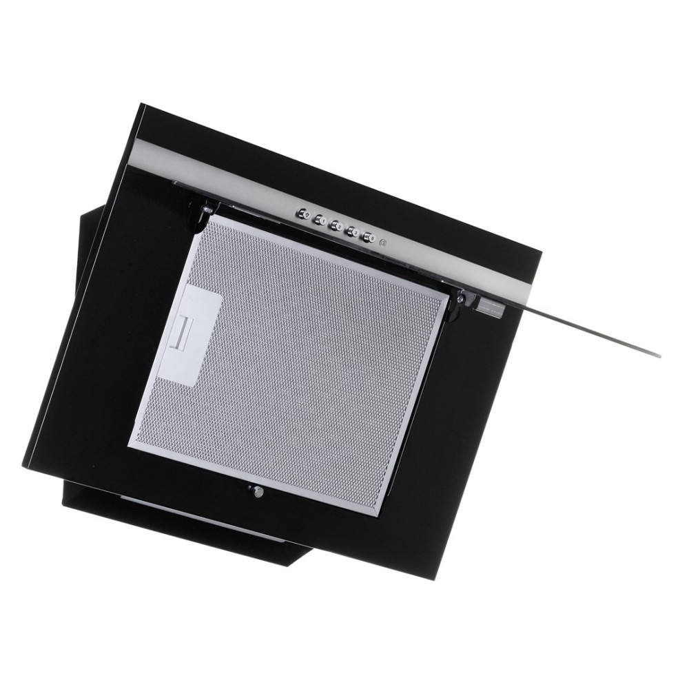 Nowoczesny czarny okap kuchenny z metalowym filtrem i przyciskami sterowania. Posiada wysuwany szklany panel.