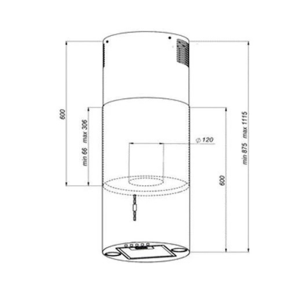 Diagramma di una cappa cilindrica con dimensioni. Mostra altezza, diametro e altre misure in millimetri.