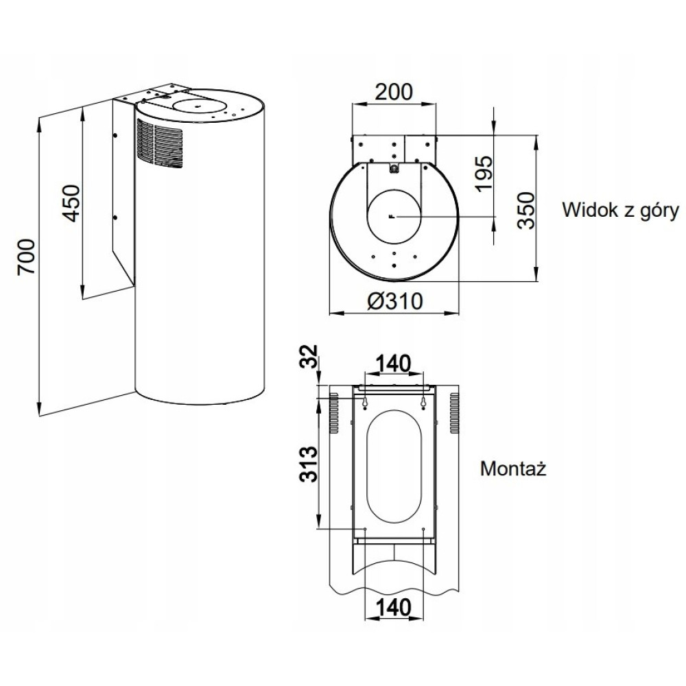 Rysunek techniczny cylindrycznego podgrzewacza wody z wymiarami i widokami z góry i z boku, opisany po polsku.
