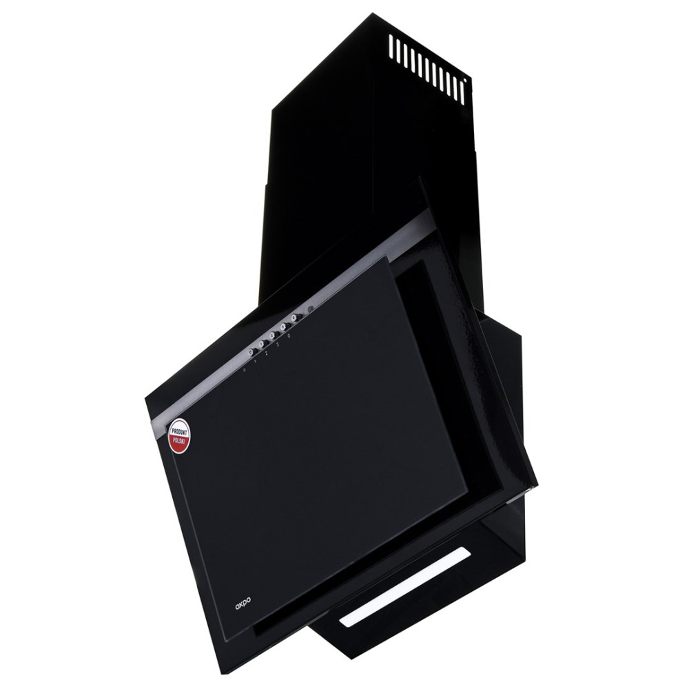 Nowoczesny czarny okap kuchenny z szklanym panelem. Posiada przyciski sterowania i światło. Czerwona naklejka mówi 'Produkt Polski'.