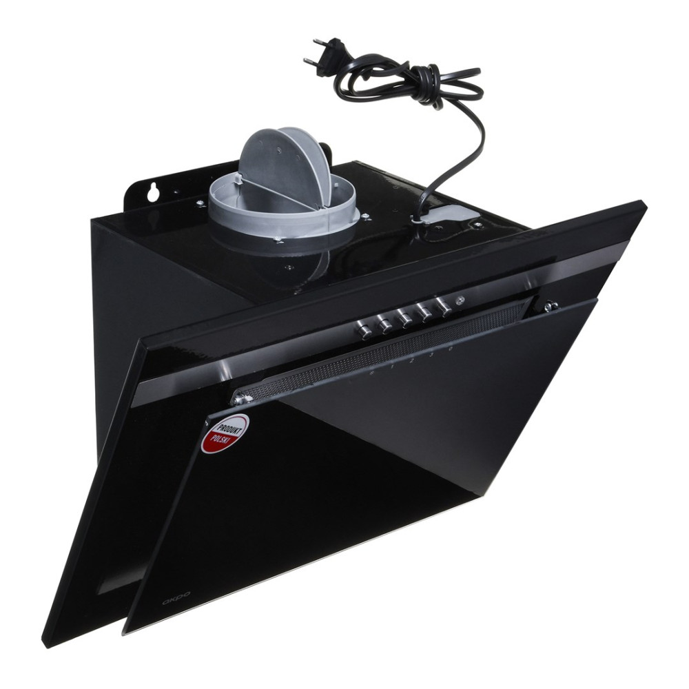 Czarny okap kuchenny z szklanym frontem, stalowym kominem i pokrętłami. Podłączony przewód zasilający z wtyczką.