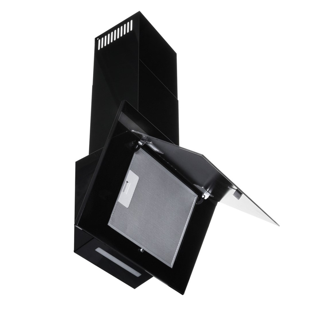 Czarny okap z filtrem i światłami. Drzwi filtra są otwarte. Tło jest białe.