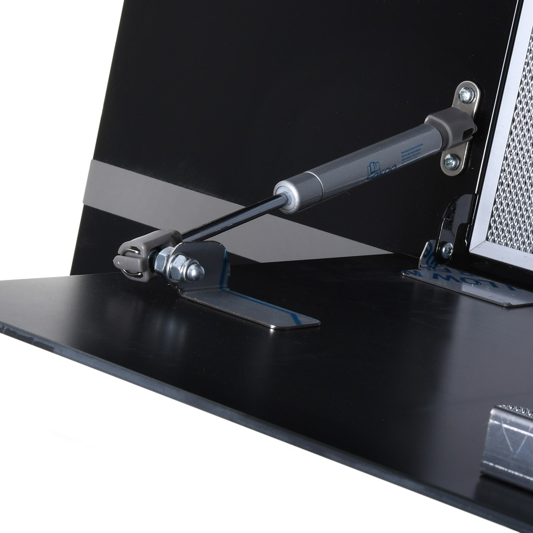 Zbliżenie czarnej powierzchni z metalowym zawiasem i sprężyną gazową. Widoczna jest również srebrna wentylacja i szary pasek.