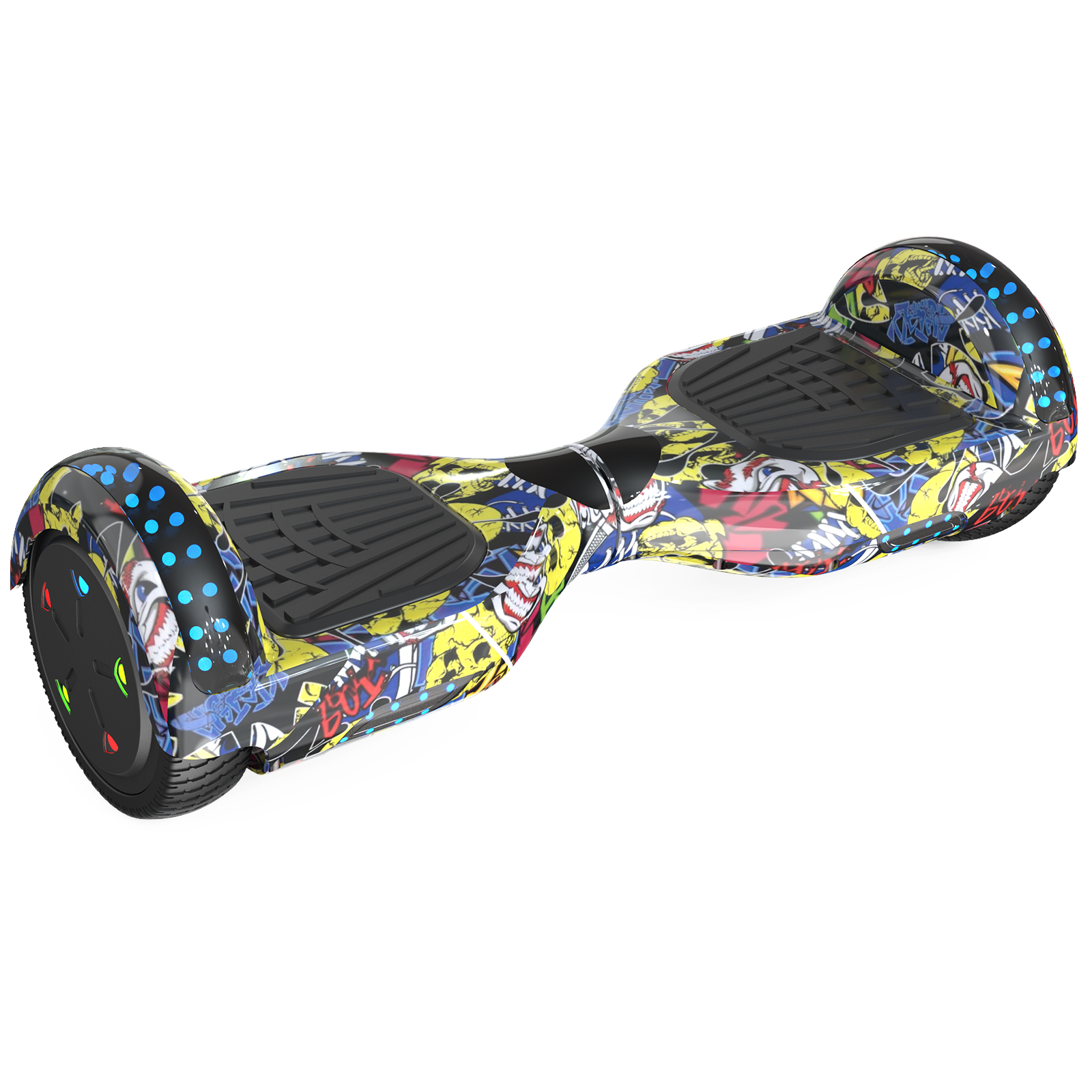 Un hoverboard colorido con arte de graffiti. Tiene almohadillas y ruedas negras, sobre un fondo blanco.