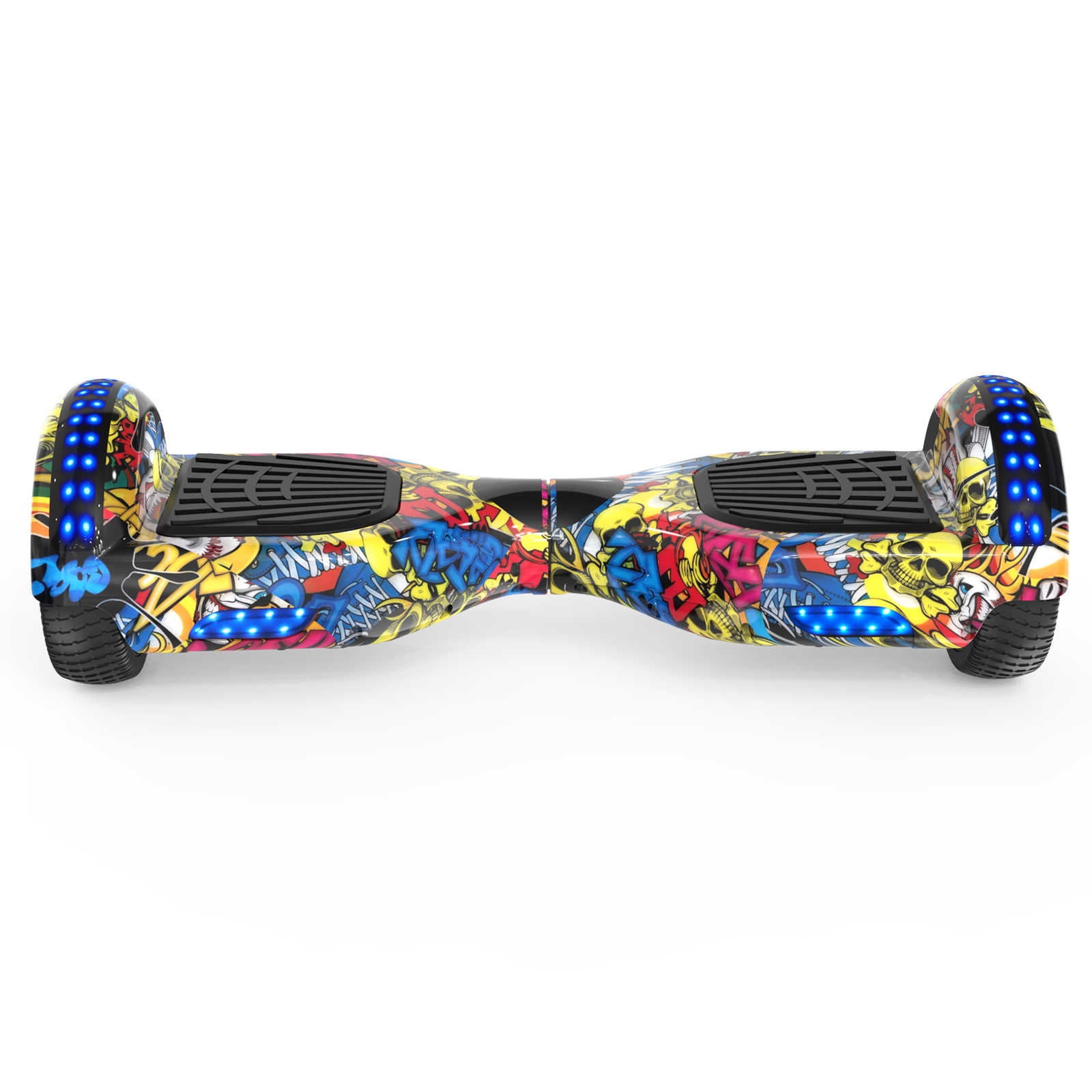 Un hoverboard colorido con arte de graffiti. Tiene luces azules y ruedas negras. El fondo es blanco.