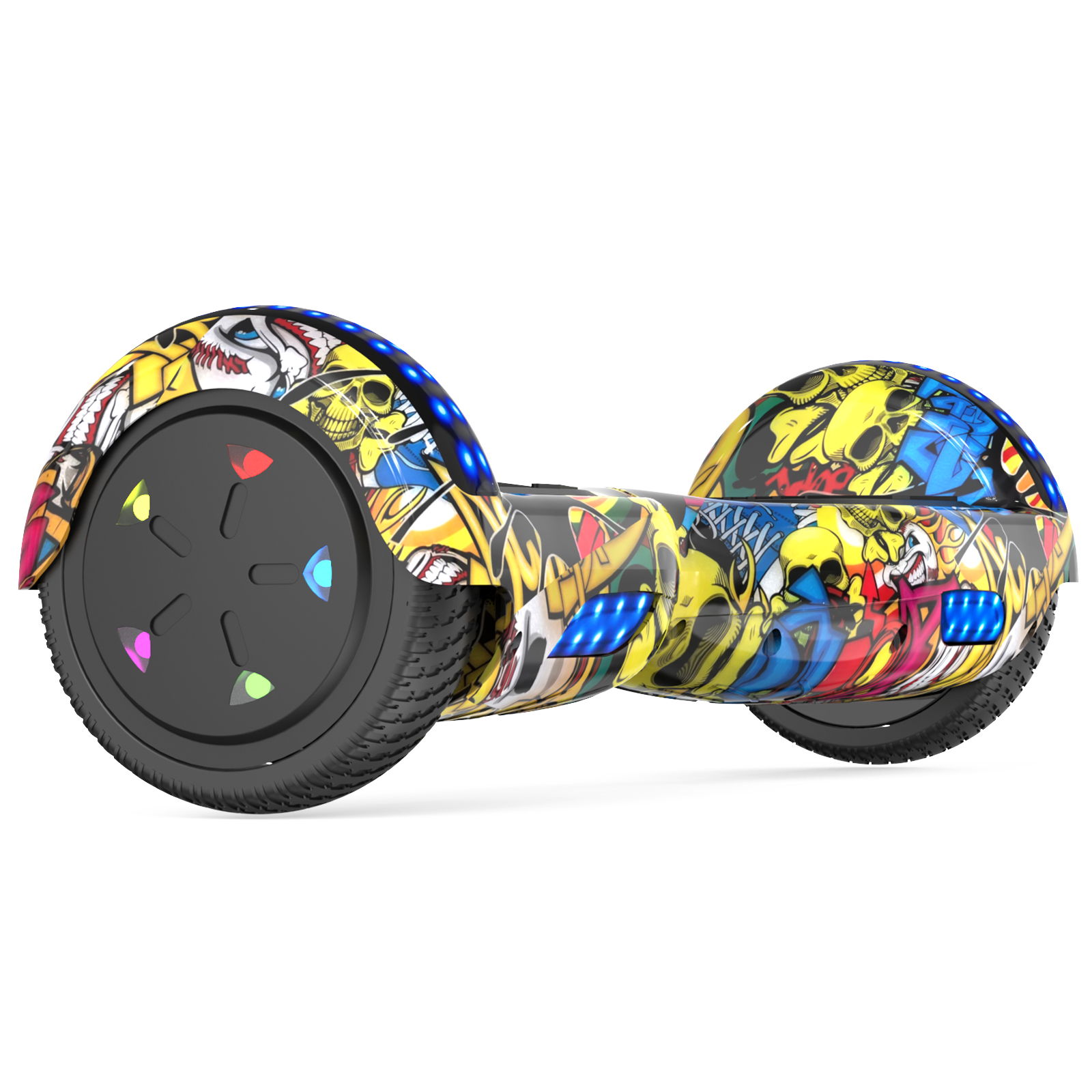 Un hoverboard colorido con arte de graffiti. Tiene ruedas negras y una base gris. Luces azules al frente.