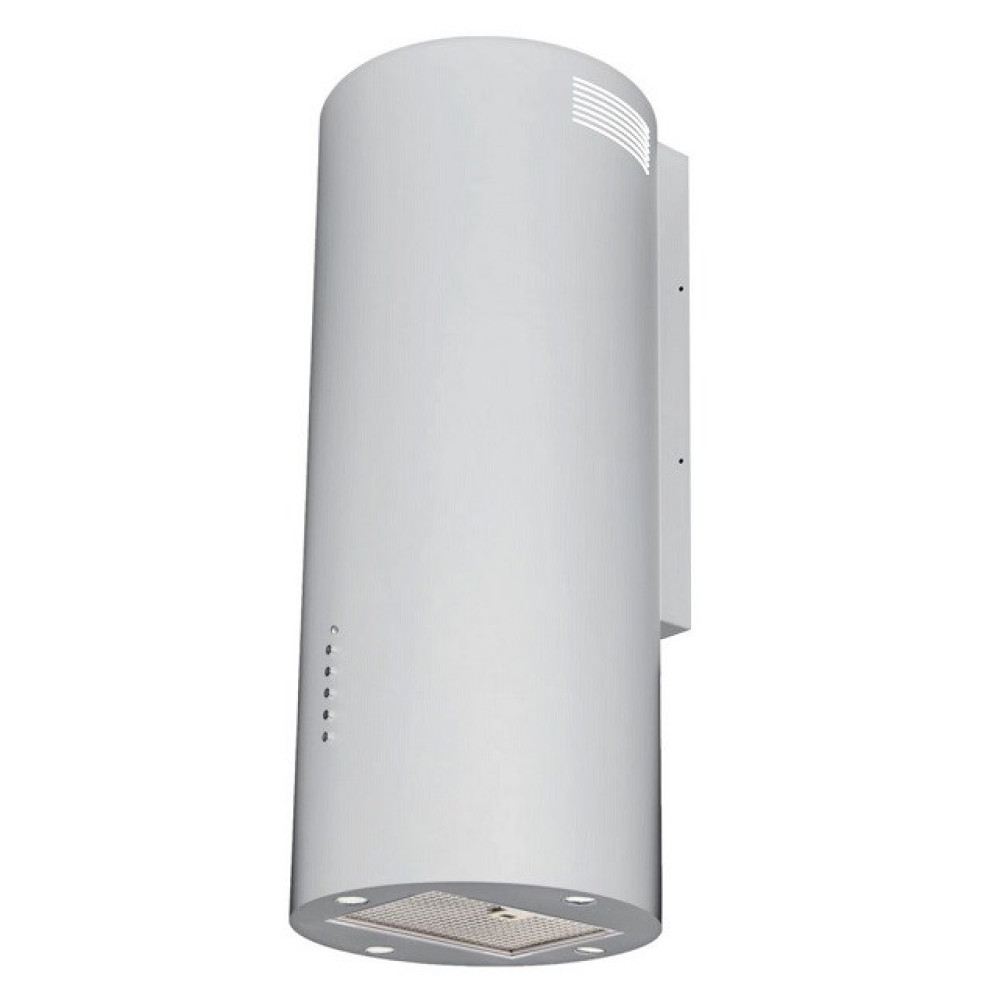 Biały okap kuchenny pokazano na białym tle. Ma cylindryczny korpus z prostokątną sekcją z boku.