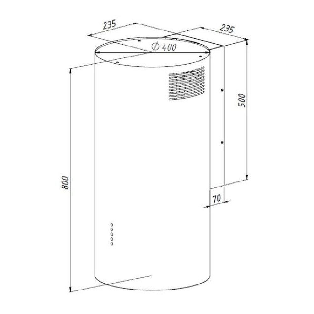Cylindryczny obiekt z wymiarami. Średnica górnego okręgu 400 mm. Wysokość 800 mm, szerokość 235 mm, zaznaczone inne wymiary.
