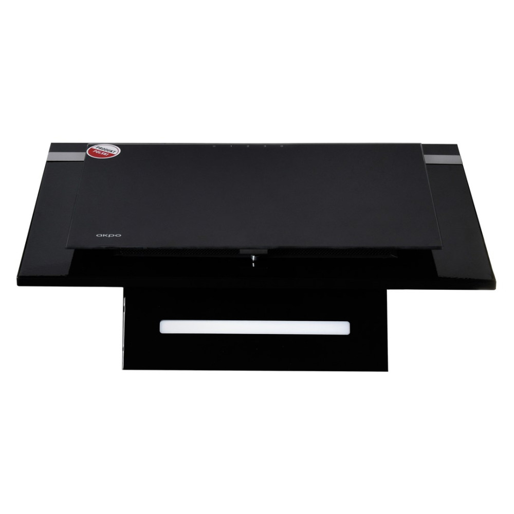 Czarny okap kuchenny z szklaną powierzchnią. Ma białe światło na dole i naklejkę z napisem 'Produkt Polski'.