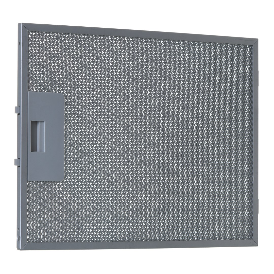 Prostokątny filtr z metalowej siatki z szarą ramą. Mały szary panel z prostokątnym wycięciem po lewej stronie.