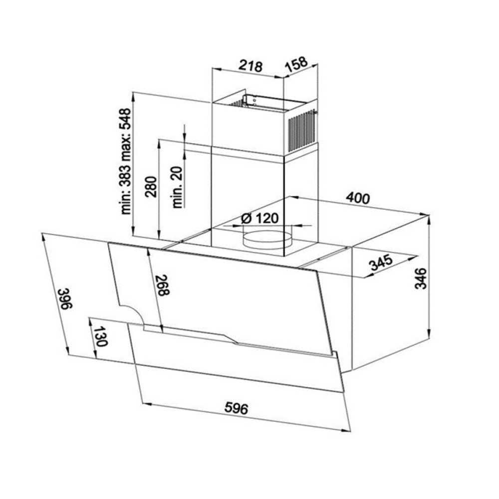 Disegno tecnico di una cappa da cucina. Le dimensioni e le misure sono annotate con linee e numeri, compresa l'altezza e la larghezza.