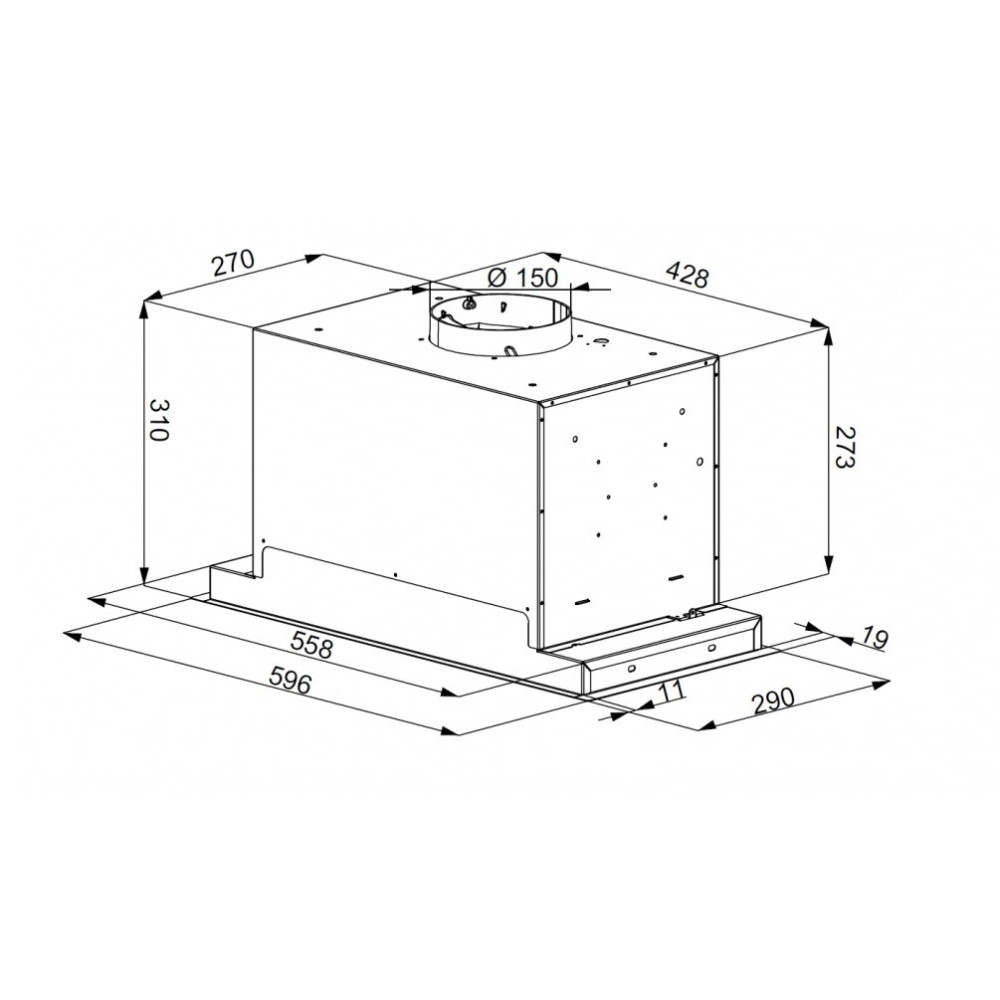 Rysunek techniczny prostokątnego okapu z wymiarami, obejmujący górny otwór wentylacyjny i dolny panel sterowania.