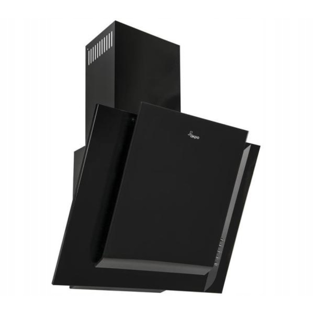 Nowoczesny czarny okap z kątowymi szklanymi panelami i prostokątną górną częścią. Okap ma logo i jest na białym tle.