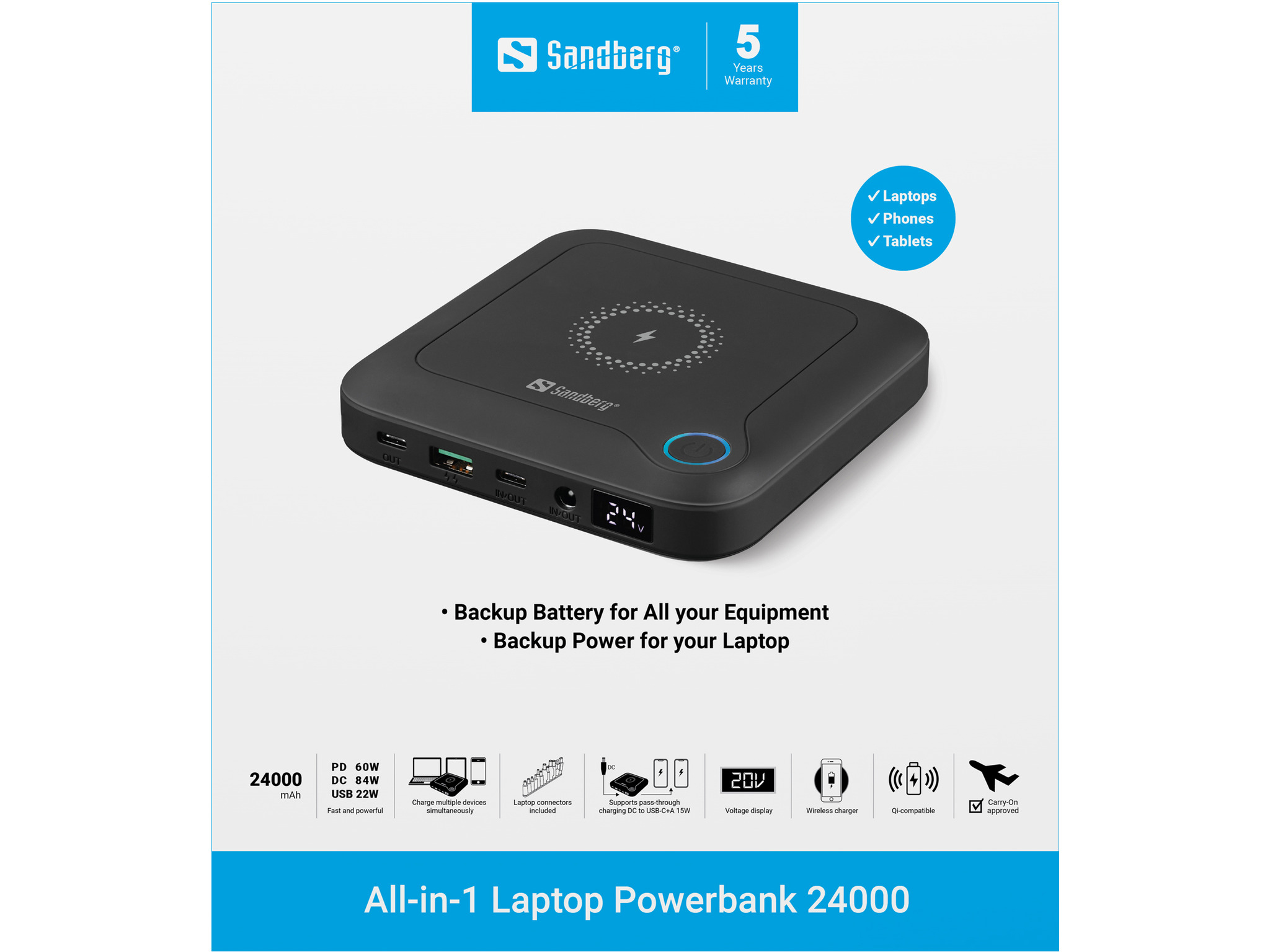 Zwarte Sandberg powerbank met draadloos opladen, 24000 mAh. Laadt laptops, telefoons en tablets op.