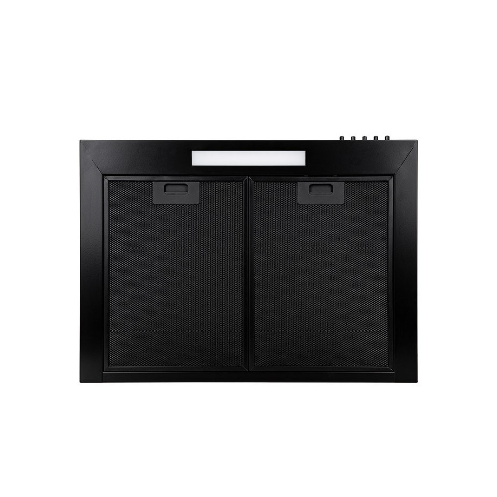 Czarny okap kuchenny z dwoma panelami z siatki i listwą świetlną. Ma prostokątną ramę i przyciski sterowania.