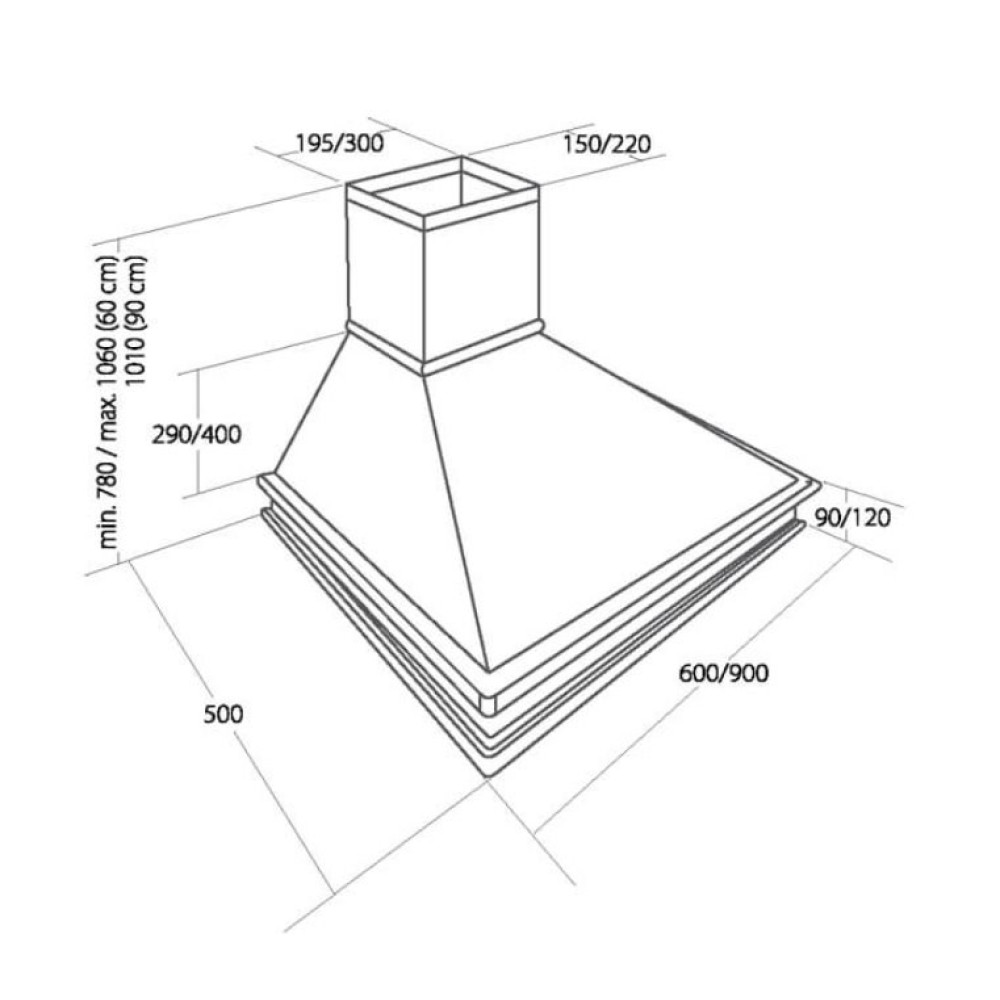 Rysunek izometryczny okapu kuchennego, pokazujący wymiary i specyfikacje. To schemat techniczny z pomiarami.