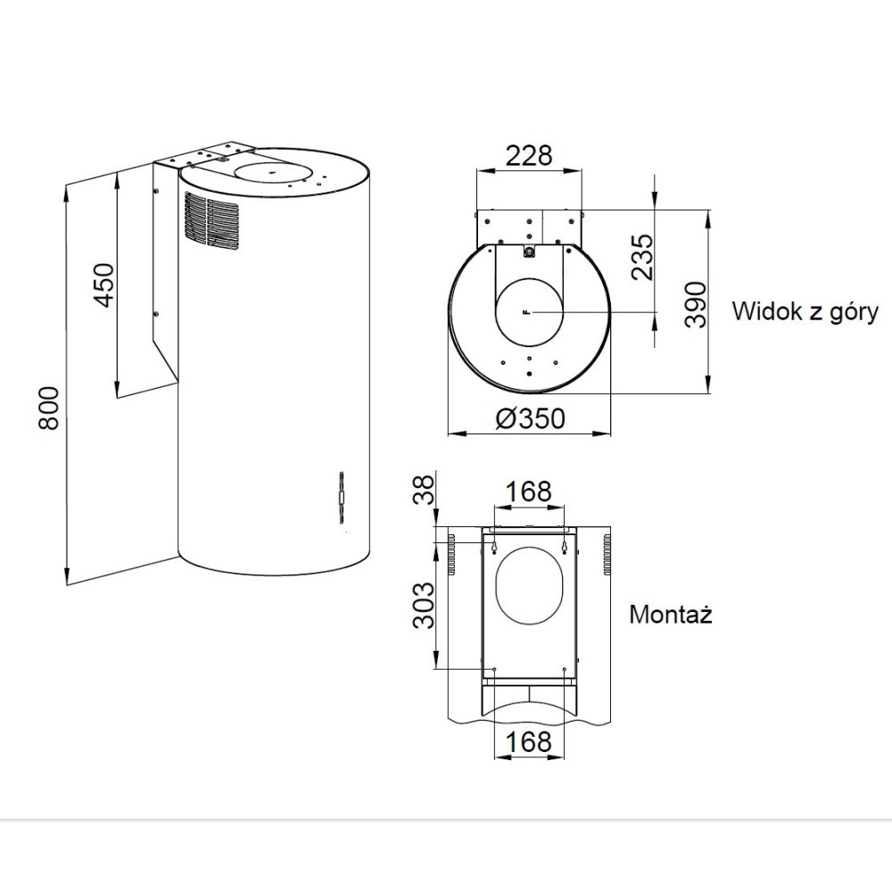 Rysunek techniczny urządzenia cylindrycznego z wymiarami. Pokazuje widoki z pomiarami w mm.
