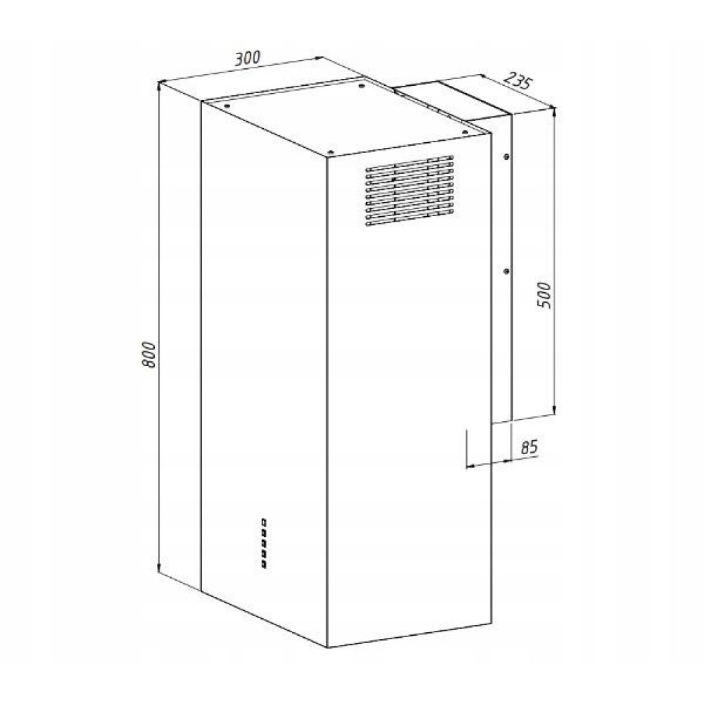 Widok izometryczny prostokątnego, białego okapu kuchennego z wymiarami. Wymiary wskazano liniami i liczbami.