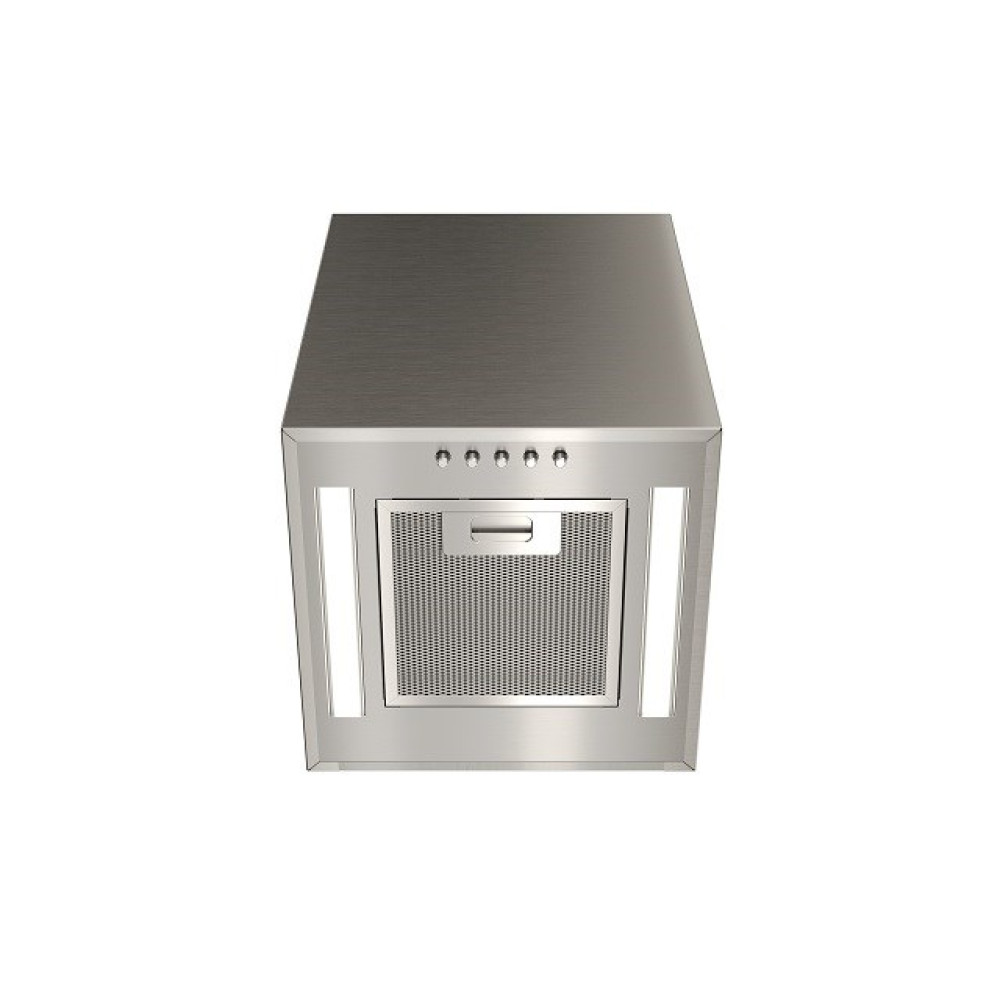 Okap ze stali nierdzewnej jest wyświetlany na białym tle. Ma prostokątny kształt z filtrem siatkowym i przyciskami.