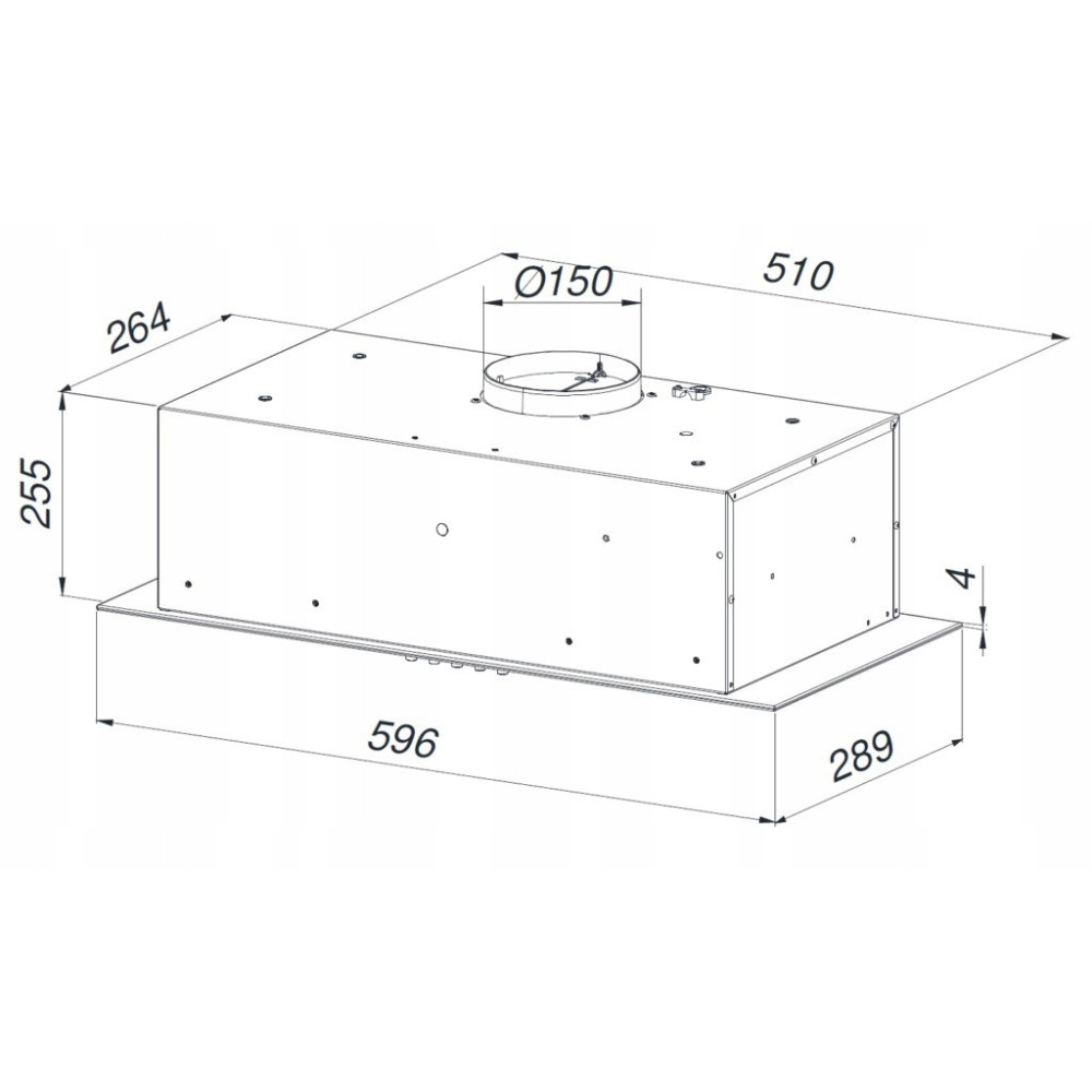 Rysunek techniczny prostokątnego okapu z wymiarami, w tym okrągłym wierzchem i prostokątną podstawą.