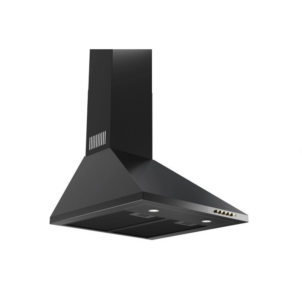 Czarny okap kuchenny, ze skośnym przodem i prostokątnym kominem. Ma światła i elementy sterujące.
