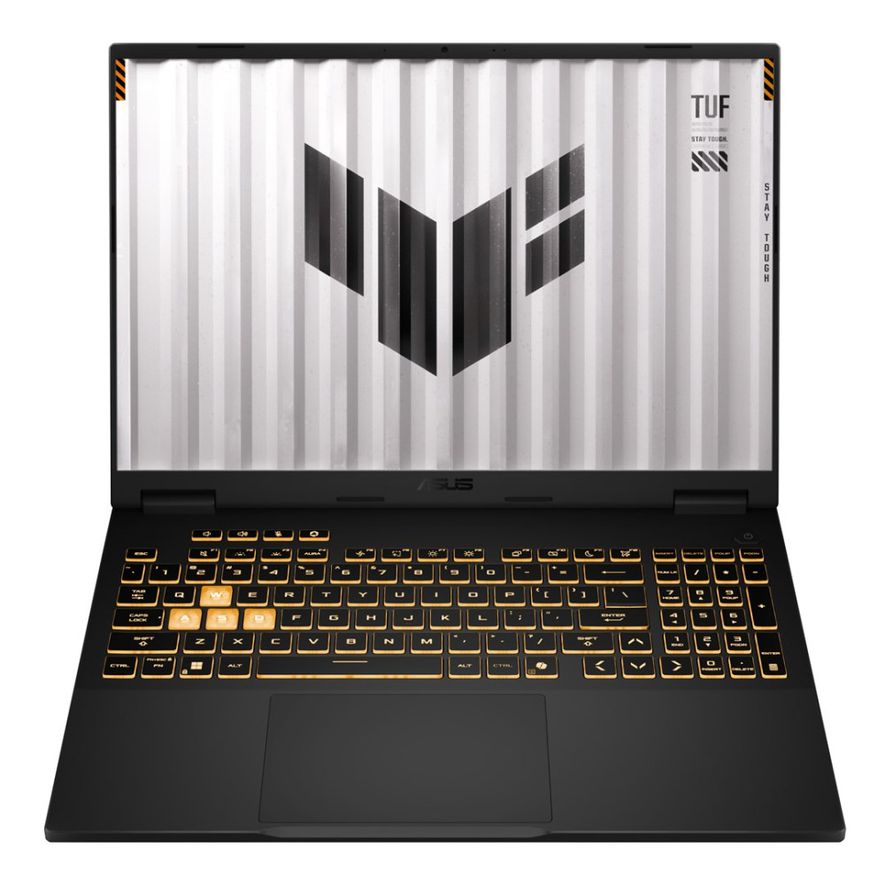 Czarny laptop ASUS TUF, otwarty, z podświetlaną klawiaturą i ekranem ze stylizowanym logo. Ekran ma białe paski w tle.
