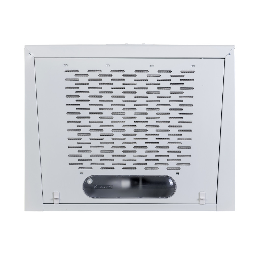 Biały okap z perforowanym metalowym frontem. Posiada przezroczystą osłonę oświetlenia i dwie małe zatrzaski po bokach.