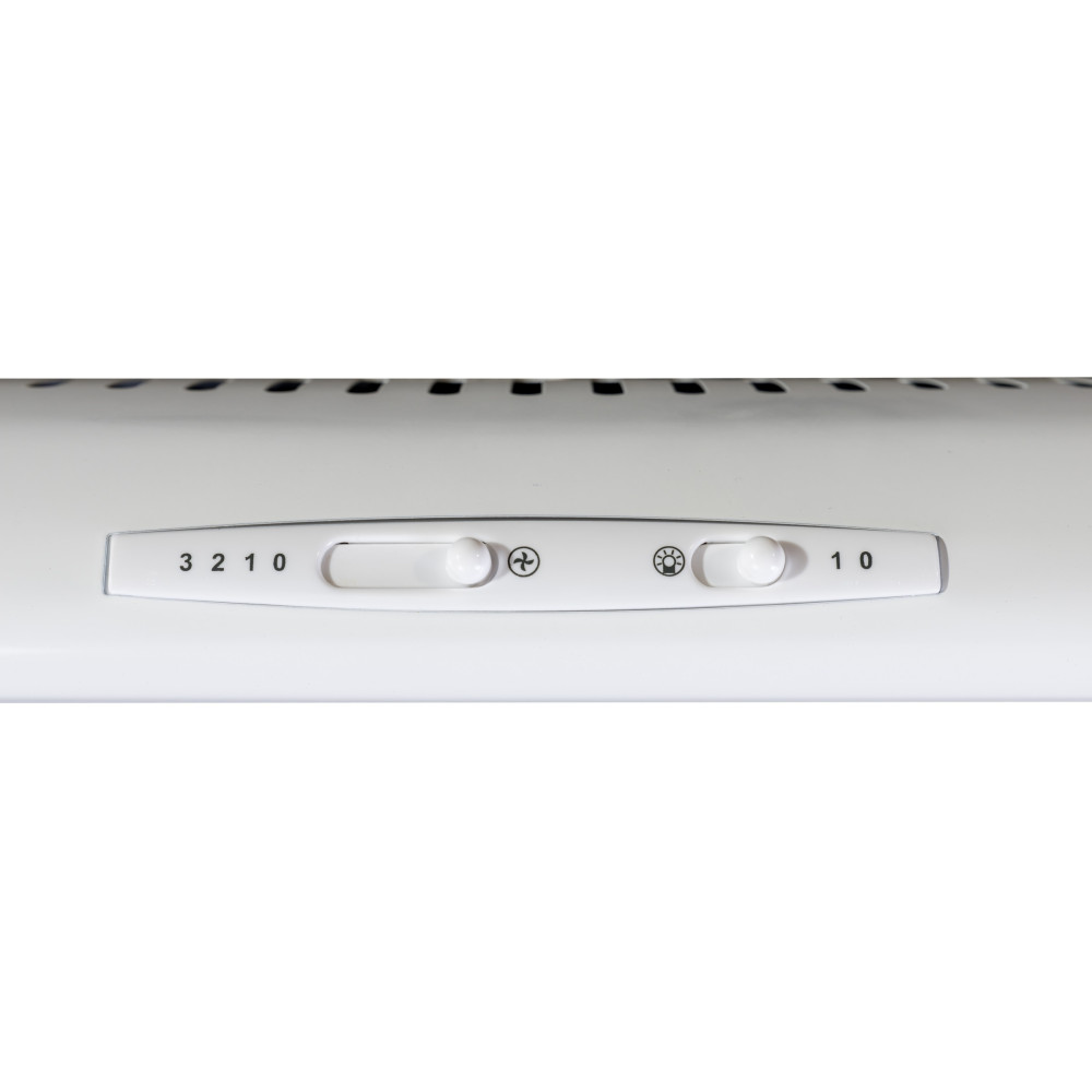 Biały panel sterowania okapu z liczbami i symbolami. Dostępne są pokrętła do regulacji prędkości wentylatora i ustawień oświetlenia.