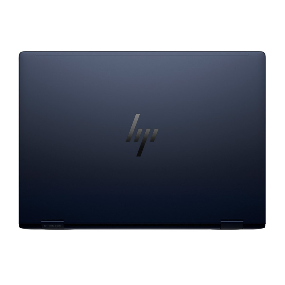 Granatowy laptop z logo HP na środku. Laptop jest zamknięty, widoczna jest etykieta EliteBook.