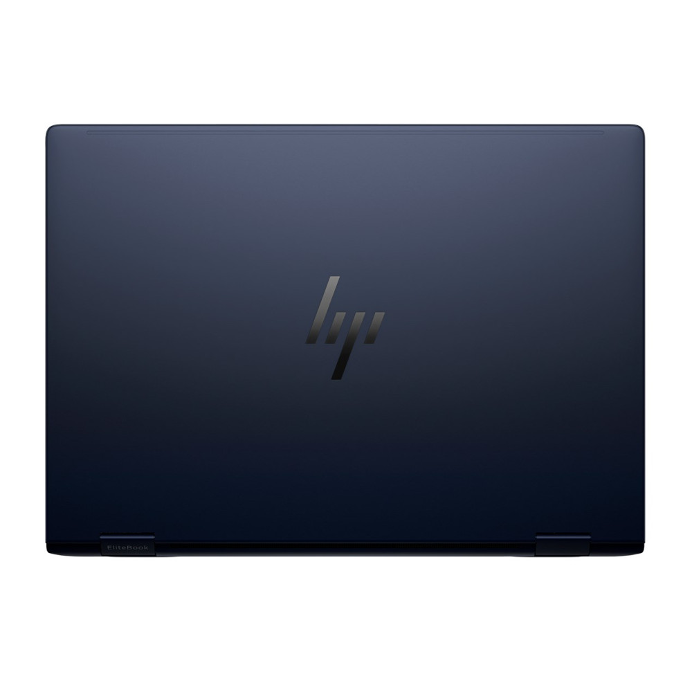 Ciemnoniebieski laptop z logo HP. Laptop jest zamknięty, widać tył ekranu. Na krawędzi widoczne jest 'EliteBook'.