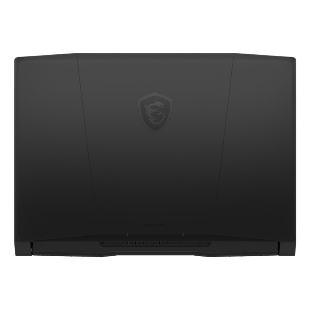 Czarna pokrywa laptopa z logo MSI. Pokrywa jest gładka z subtelną fakturą i obszarem wentylacyjnym na dole.