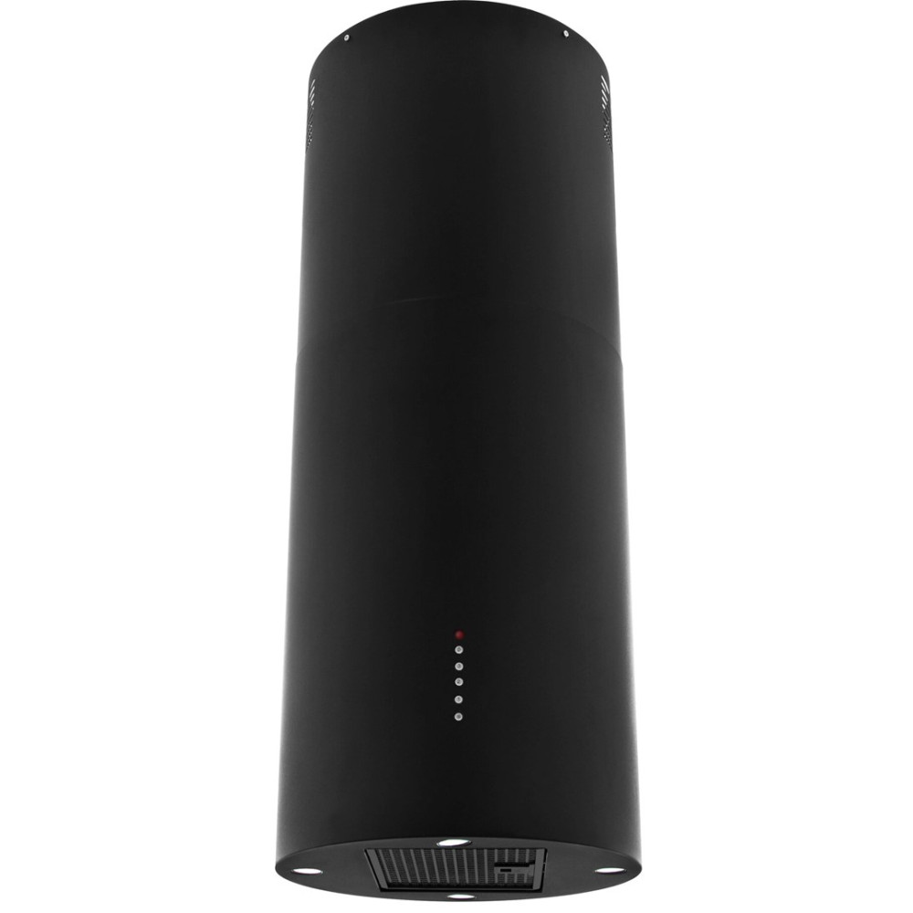 Czarny, cylindryczny okap kuchenny. Ma otwór wentylacyjny na dole i szereg świateł z przodu. Tło jest białe.