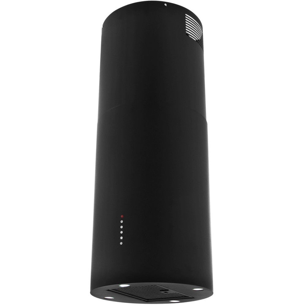 Czarny, cylindryczny okap kuchenny. Ma otwór wentylacyjny u góry, szereg świateł na dole i panel sterowania ze wskaźnikami.