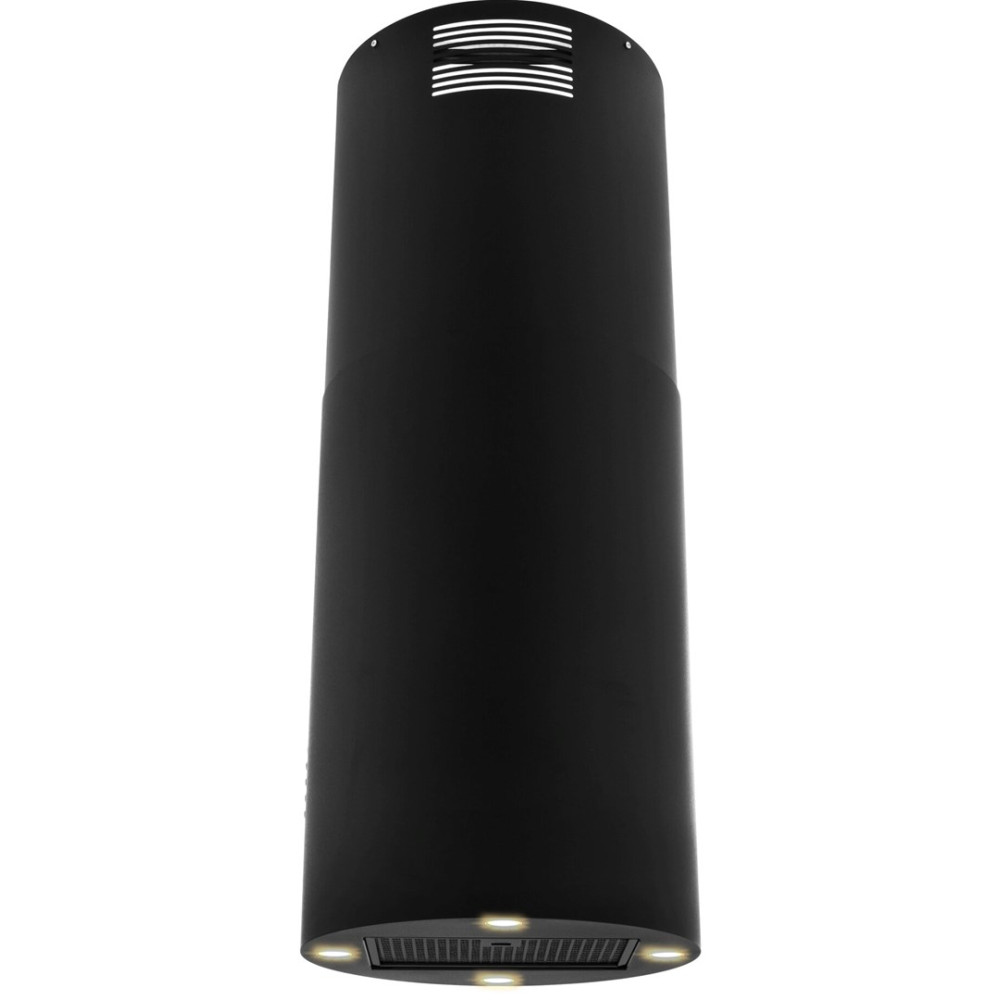 Czarny, cylindryczny okap kuchenny. Ma otwór wentylacyjny u góry, kratkę u dołu ze światłami i gładkie, matowe wykończenie.